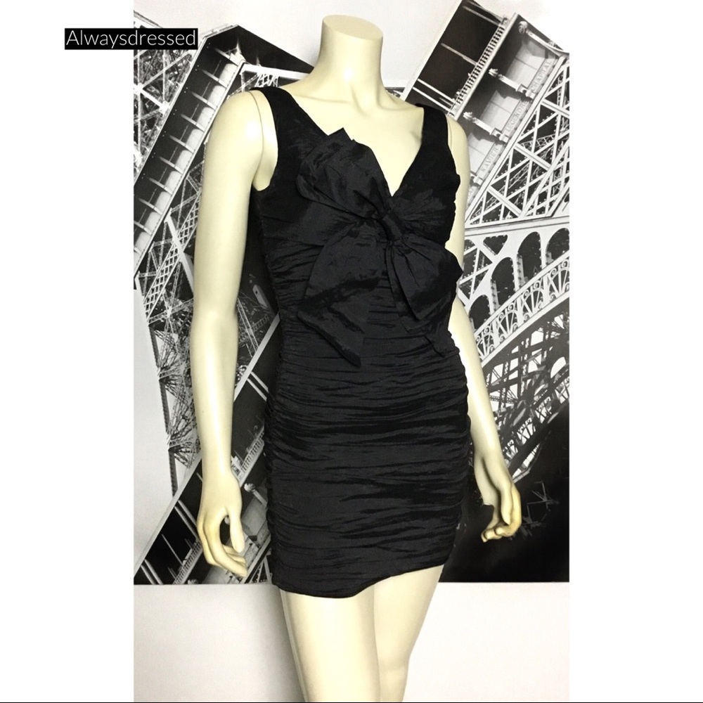 BCBGMAXAZRIA Black Ruched Mini Dress With Bow